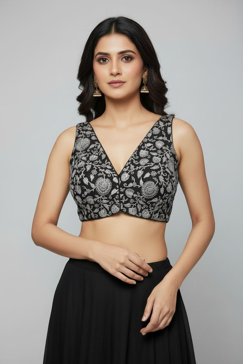 Silver Floral Embroidered Deep V-Neck Tailored Blouse