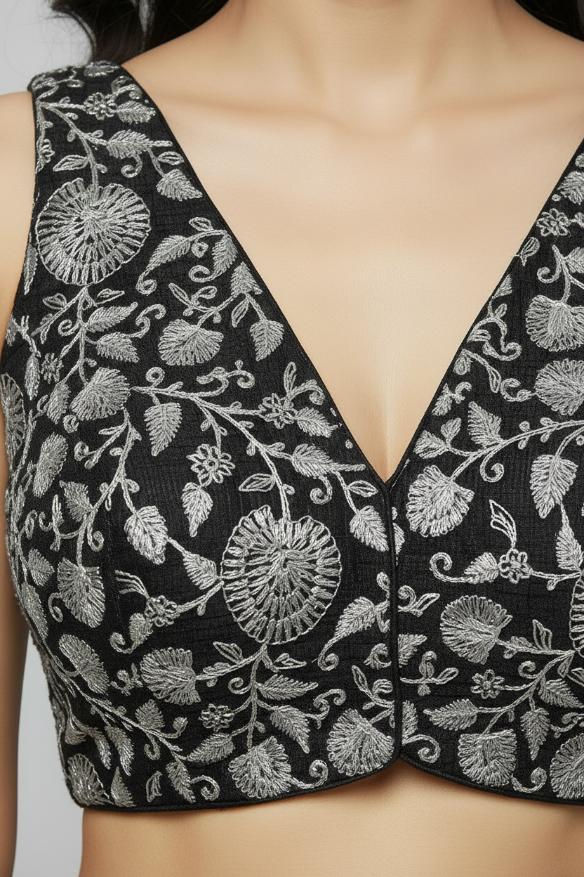 Silver Floral Embroidered Deep V-Neck Tailored Blouse
