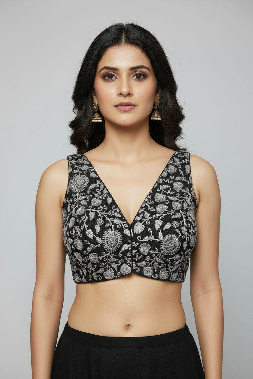 Silver Floral Embroidered Deep V-Neck Tailored Blouse