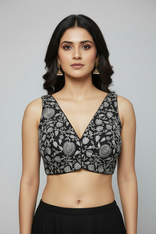 Silver Floral Embroidered Deep V-Neck Tailored Blouse