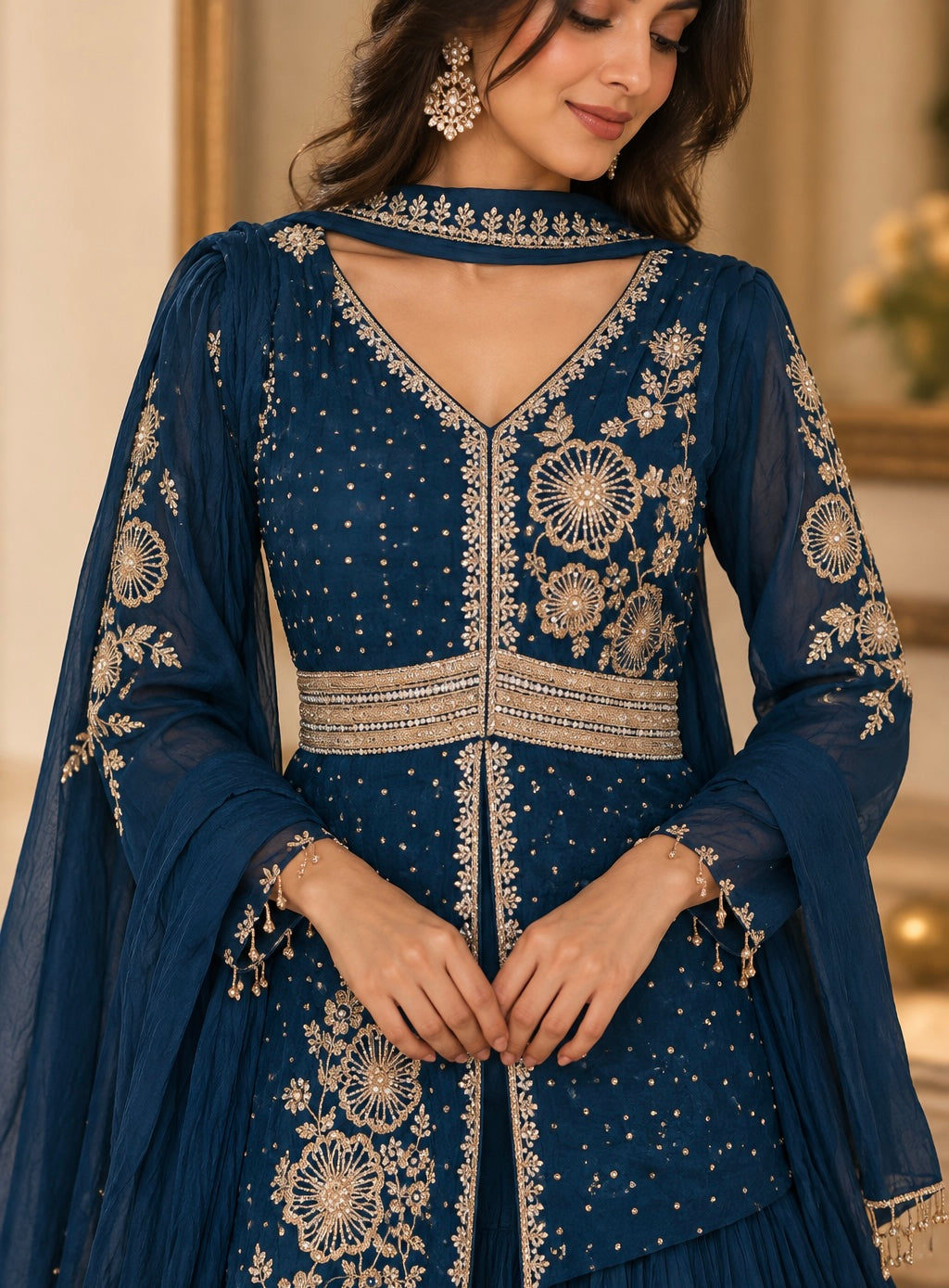 Asymmetrical Embroidered Sharara Set with Necklace Dupatta