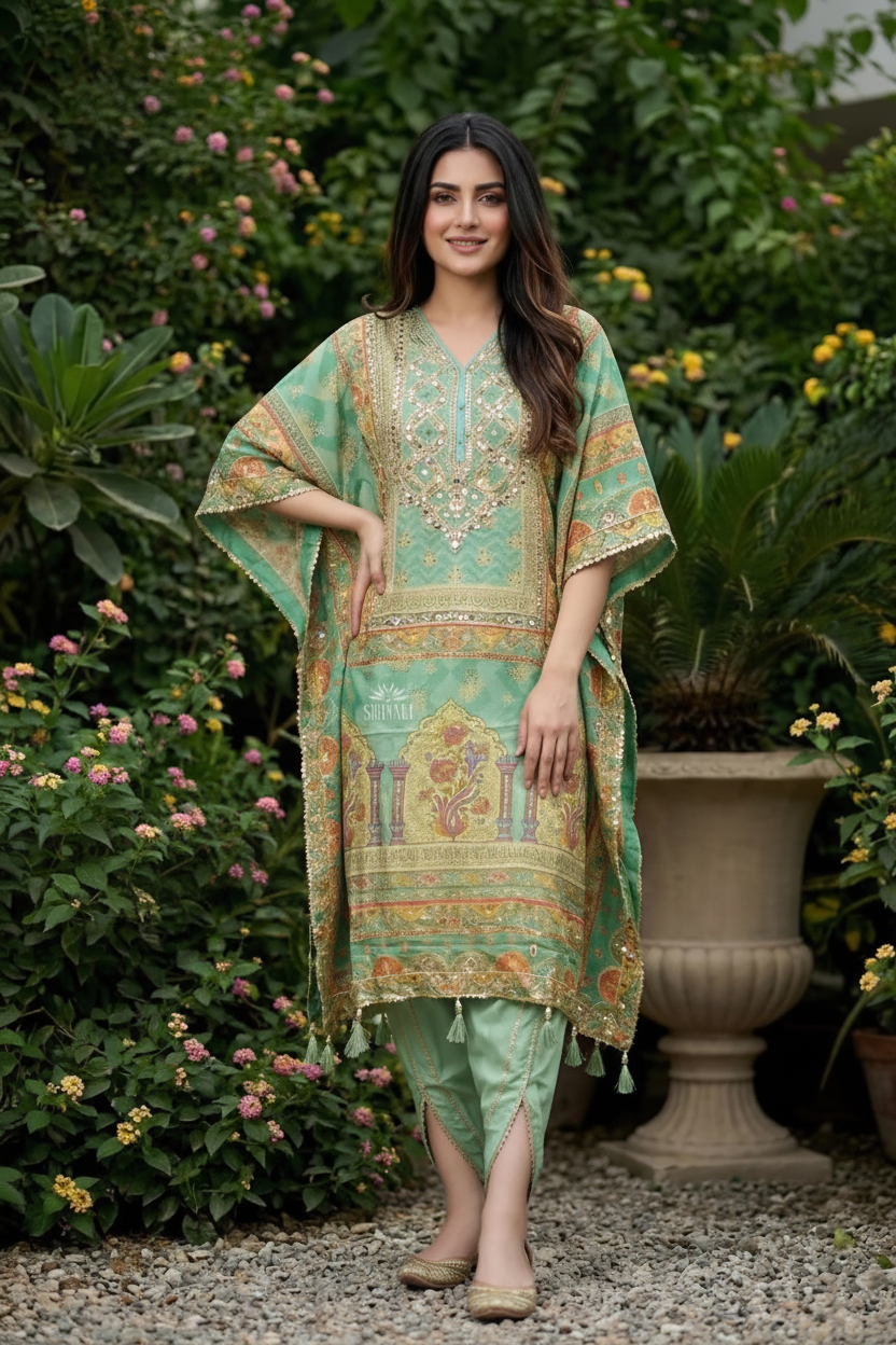 Crepe Silk Embroidered Kaftan Dhoti Set and tulip pants