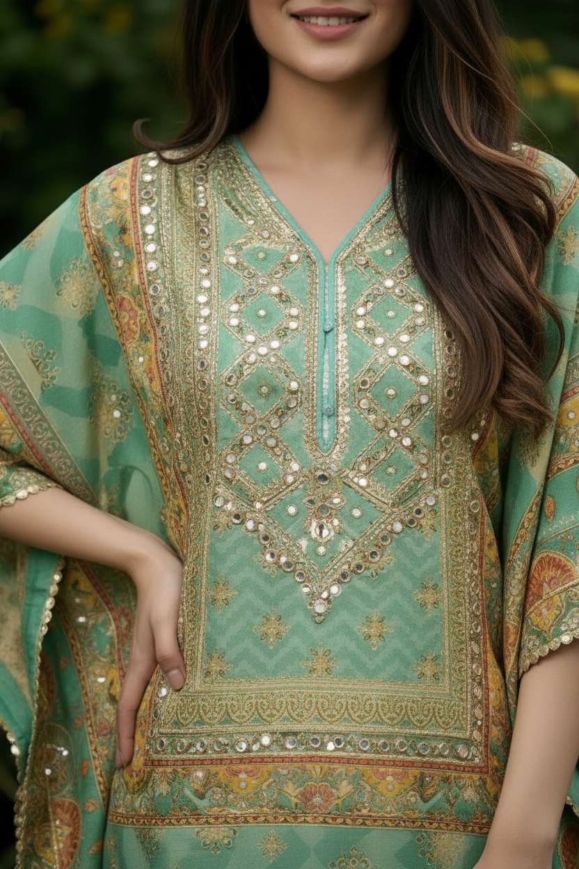 Crepe Silk Embroidered Kaftan Dhoti Set and tulip pants