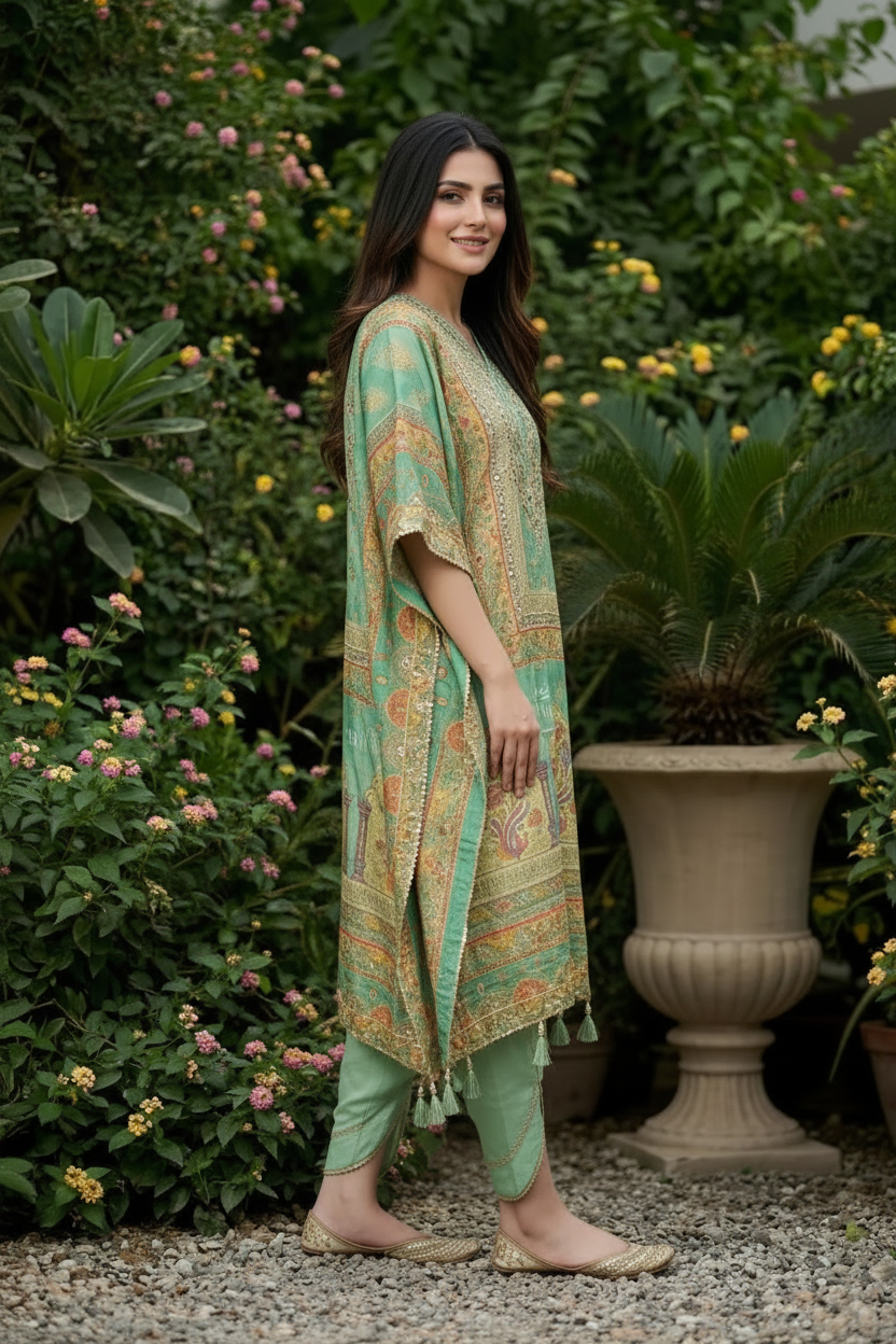 Crepe Silk Embroidered Kaftan Dhoti Set and tulip pants
