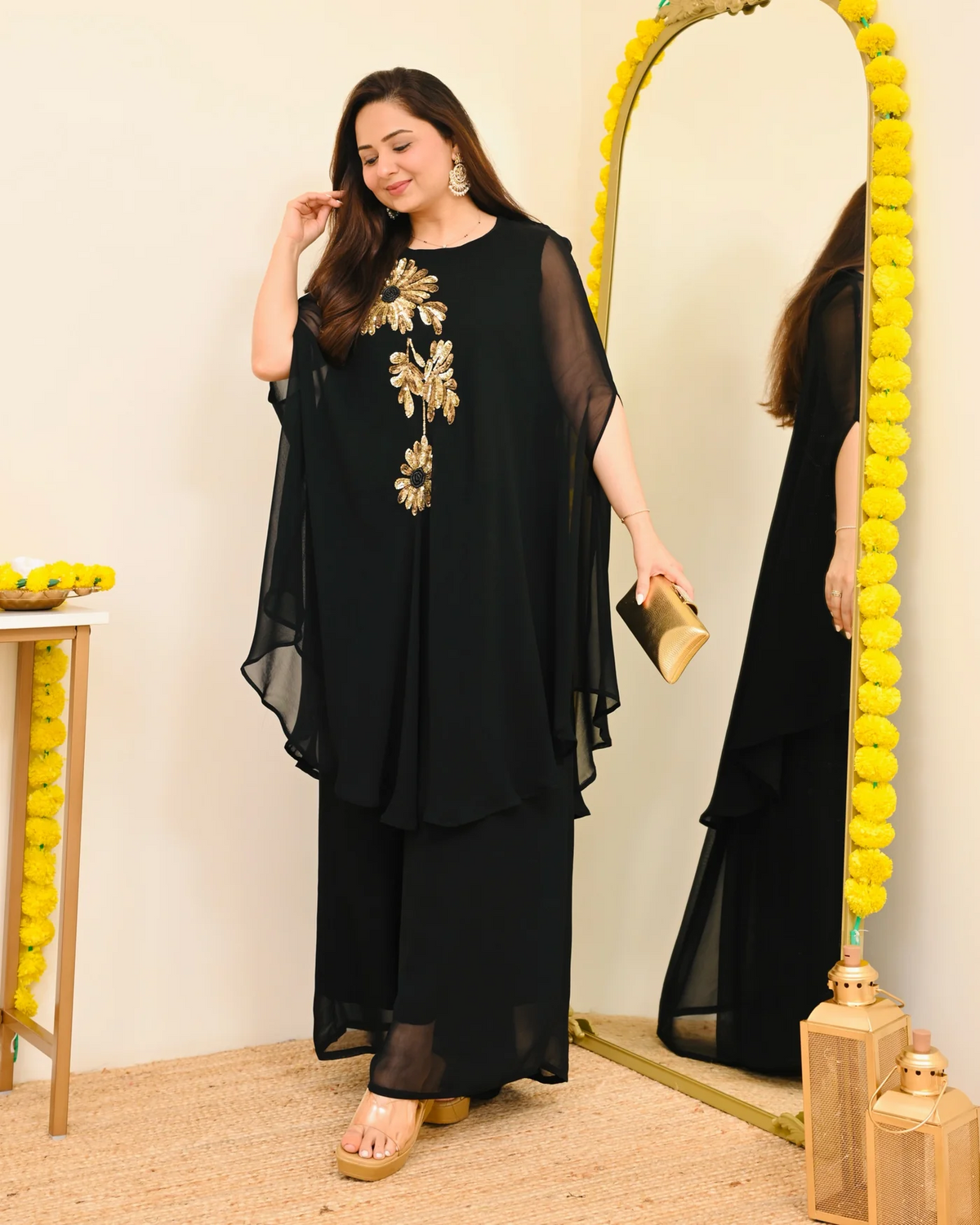 Black Sequin Handwork Sharara Set