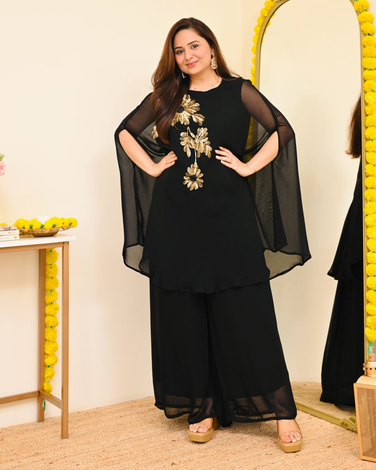 Black Sequin Handwork Sharara Set