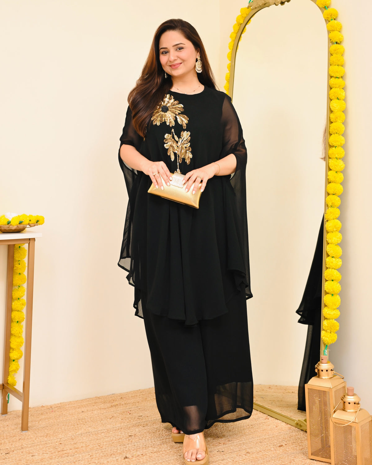 Black Sequin Handwork Sharara Set