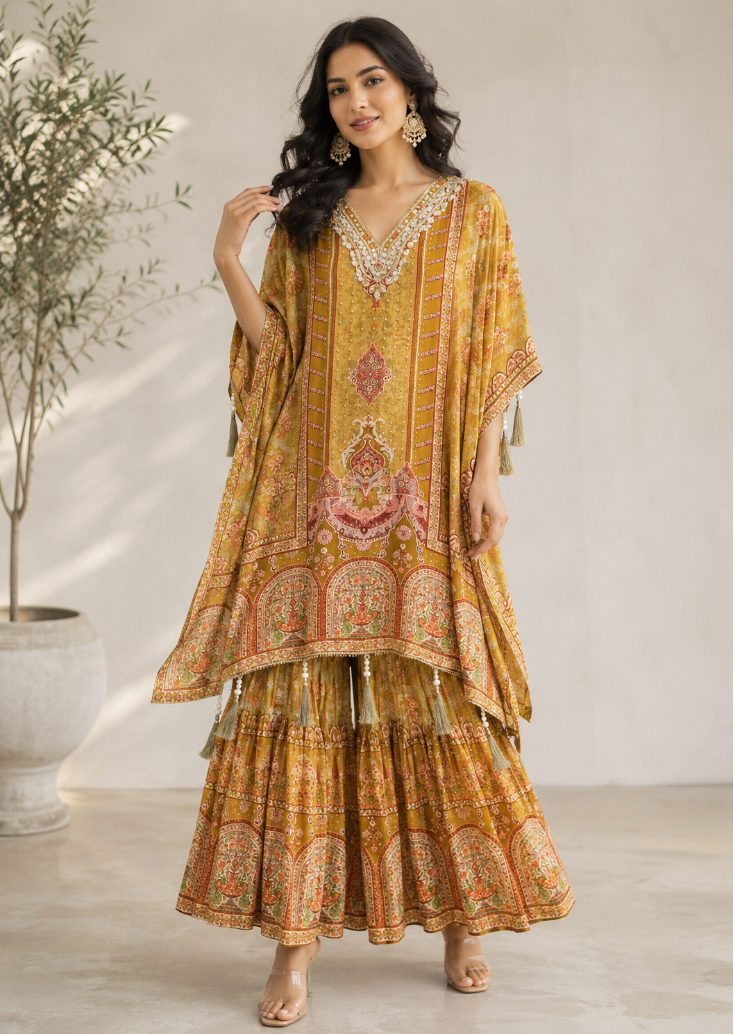 Elegant Yellow Crepe Silk Kaftan Set