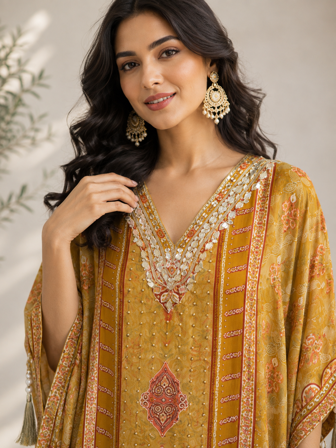 Elegant Yellow Crepe Silk Kaftan Set