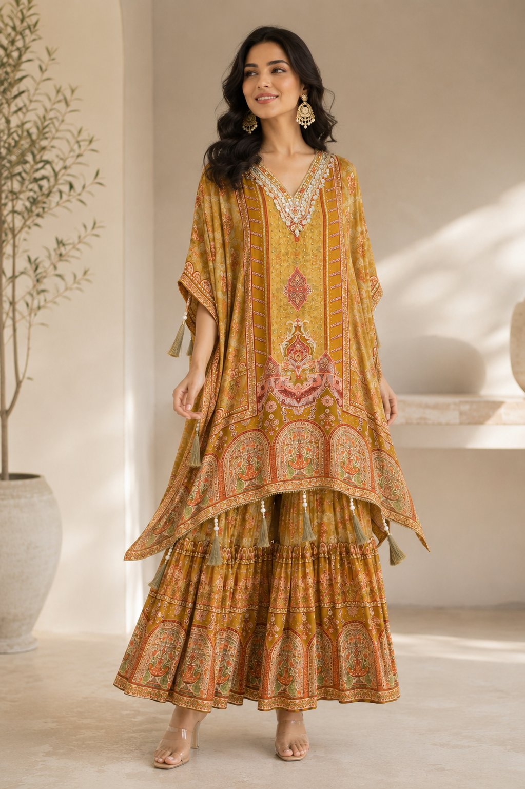 Elegant Yellow Crepe Silk Kaftan Set