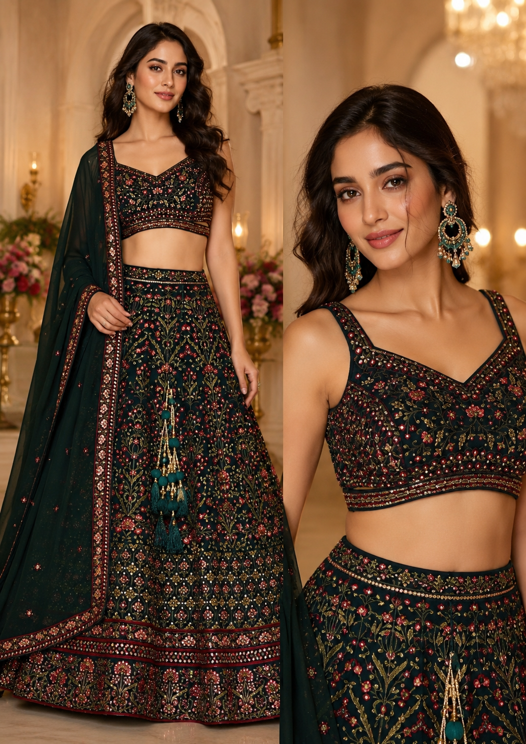 Emerald Floral Embroidered Lehenga Set