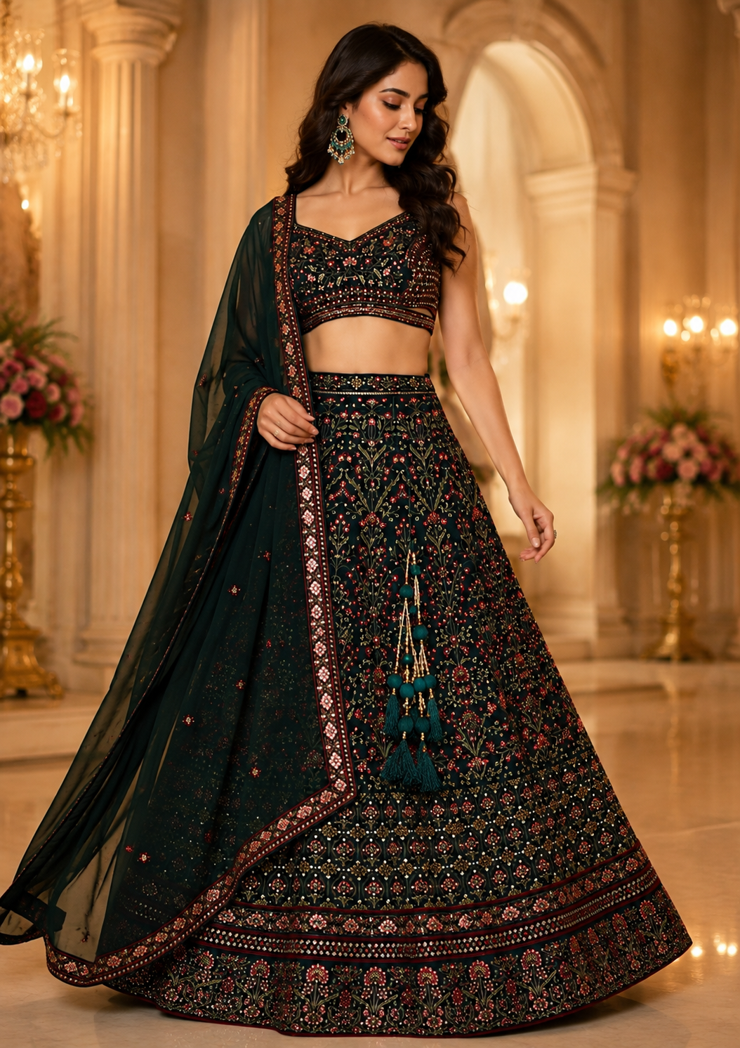 Emerald Floral Embroidered Lehenga Set