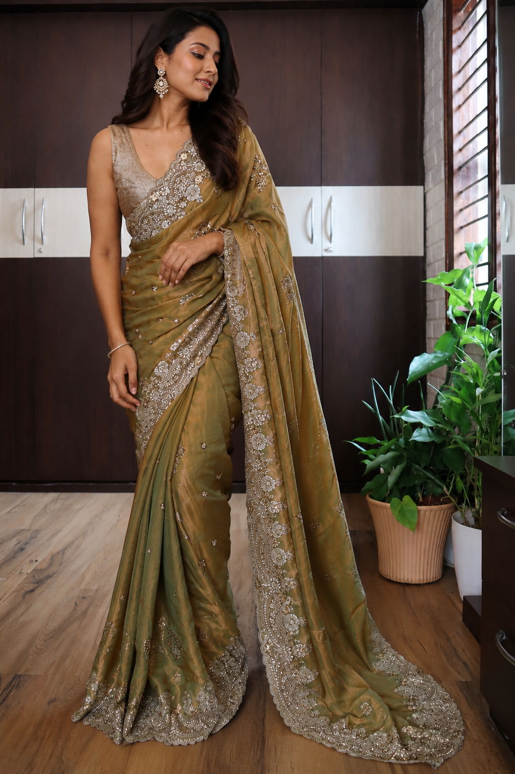 Olive Gold Sequin Embroidered Saree