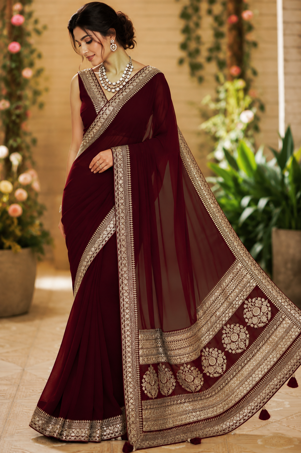 Regal Burgundy Georgette Saree