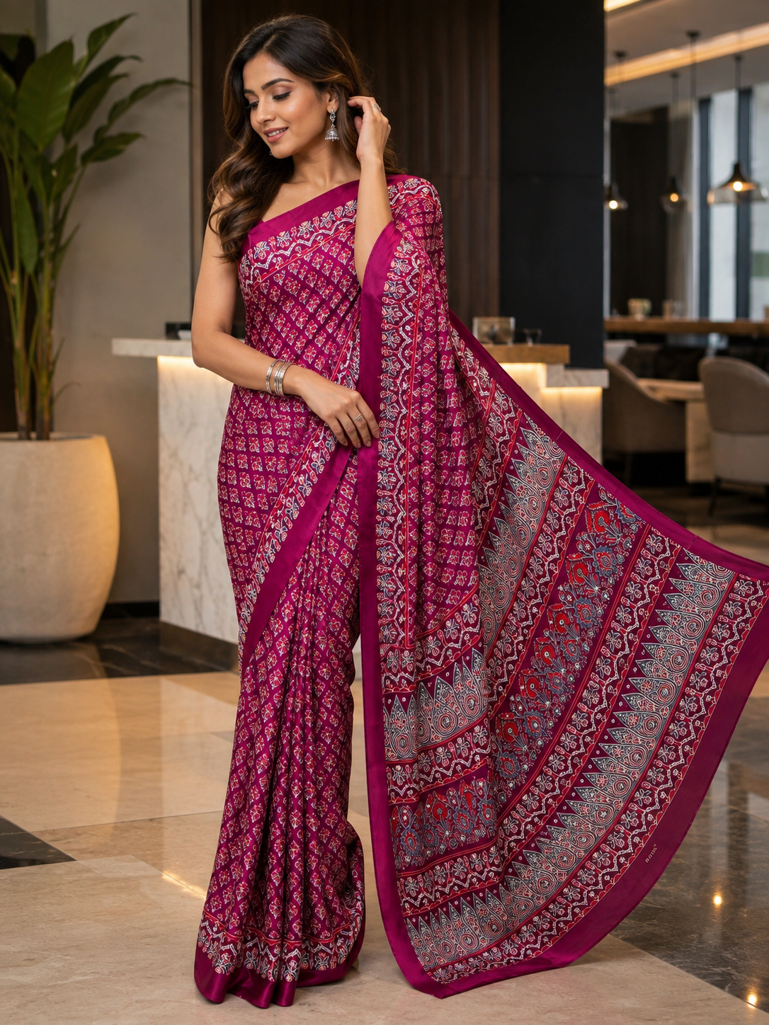 Magenta Printed Ajrak Modal Saree