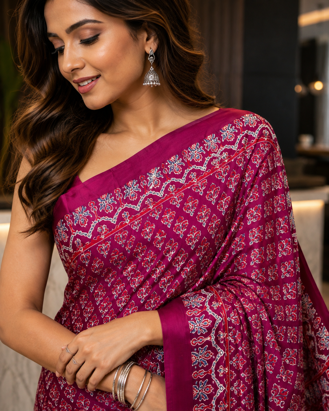 Magenta Printed Ajrak Modal Saree