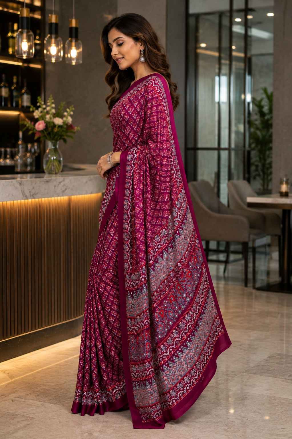 Magenta Printed Ajrak Modal Saree