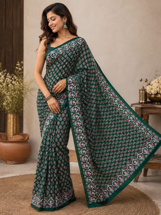 Emerald Green Floral Printed Saree