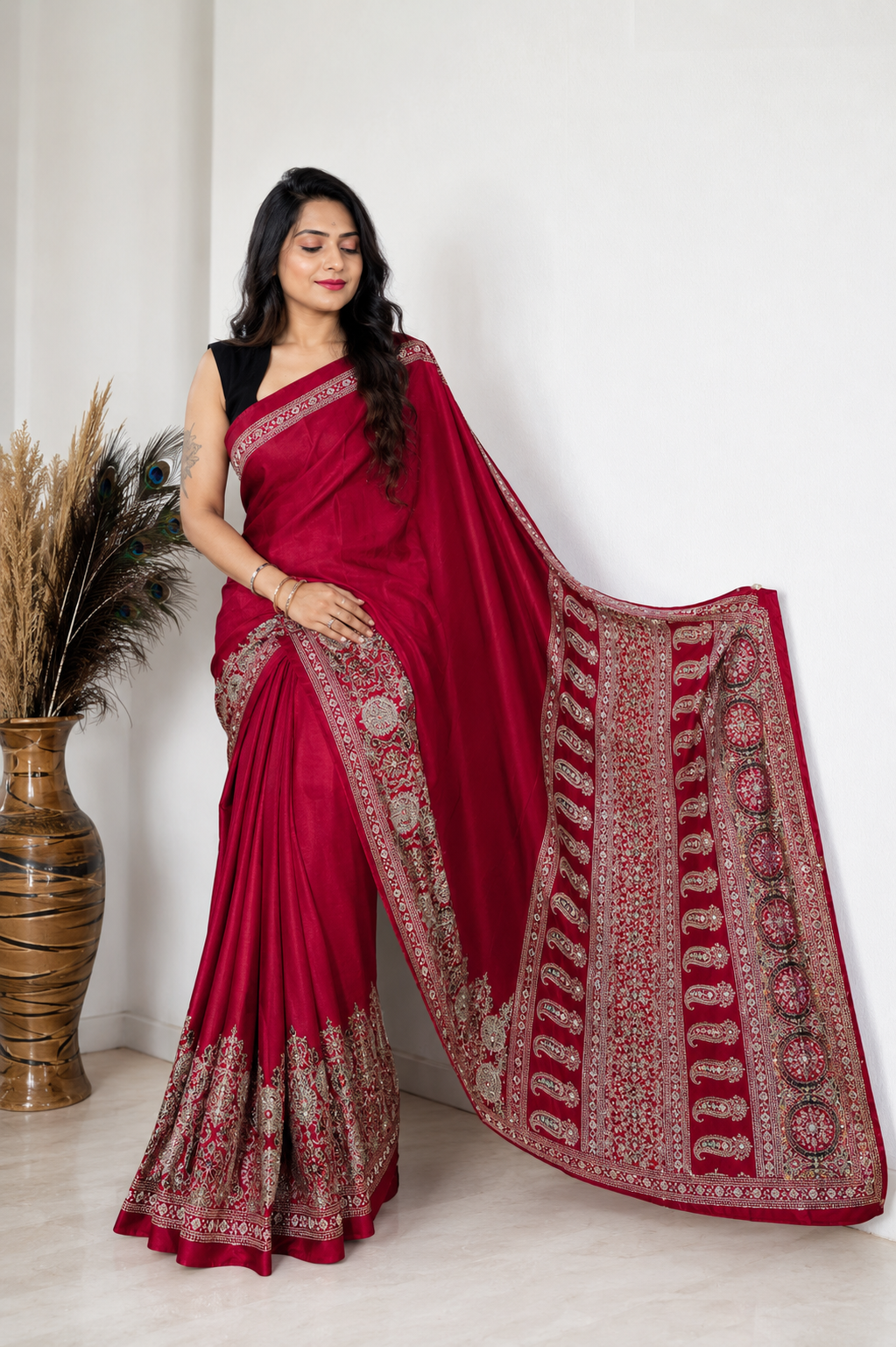 Modal Crepe Saree with Intricate Paisley Border (3 colors)