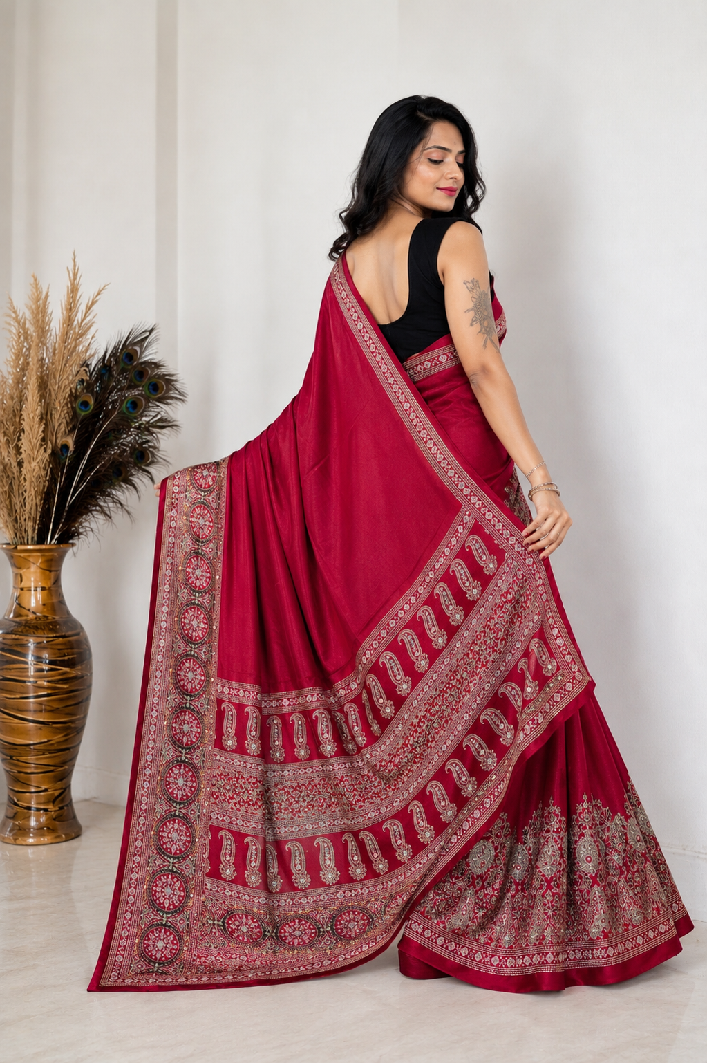 Modal Crepe Saree with Intricate Paisley Border (3 colors)