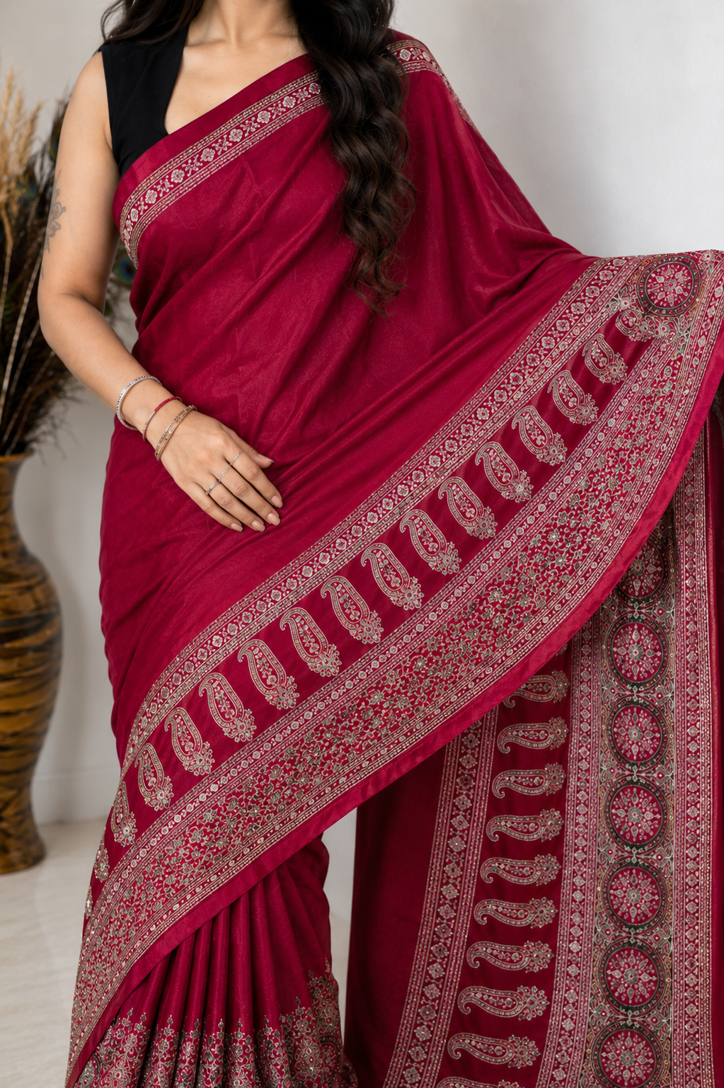 Modal Crepe Saree with Intricate Paisley Border (3 colors)