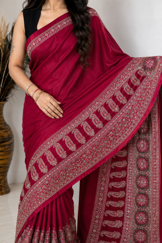 Modal Crepe Saree with Intricate Paisley Border (3 colors)