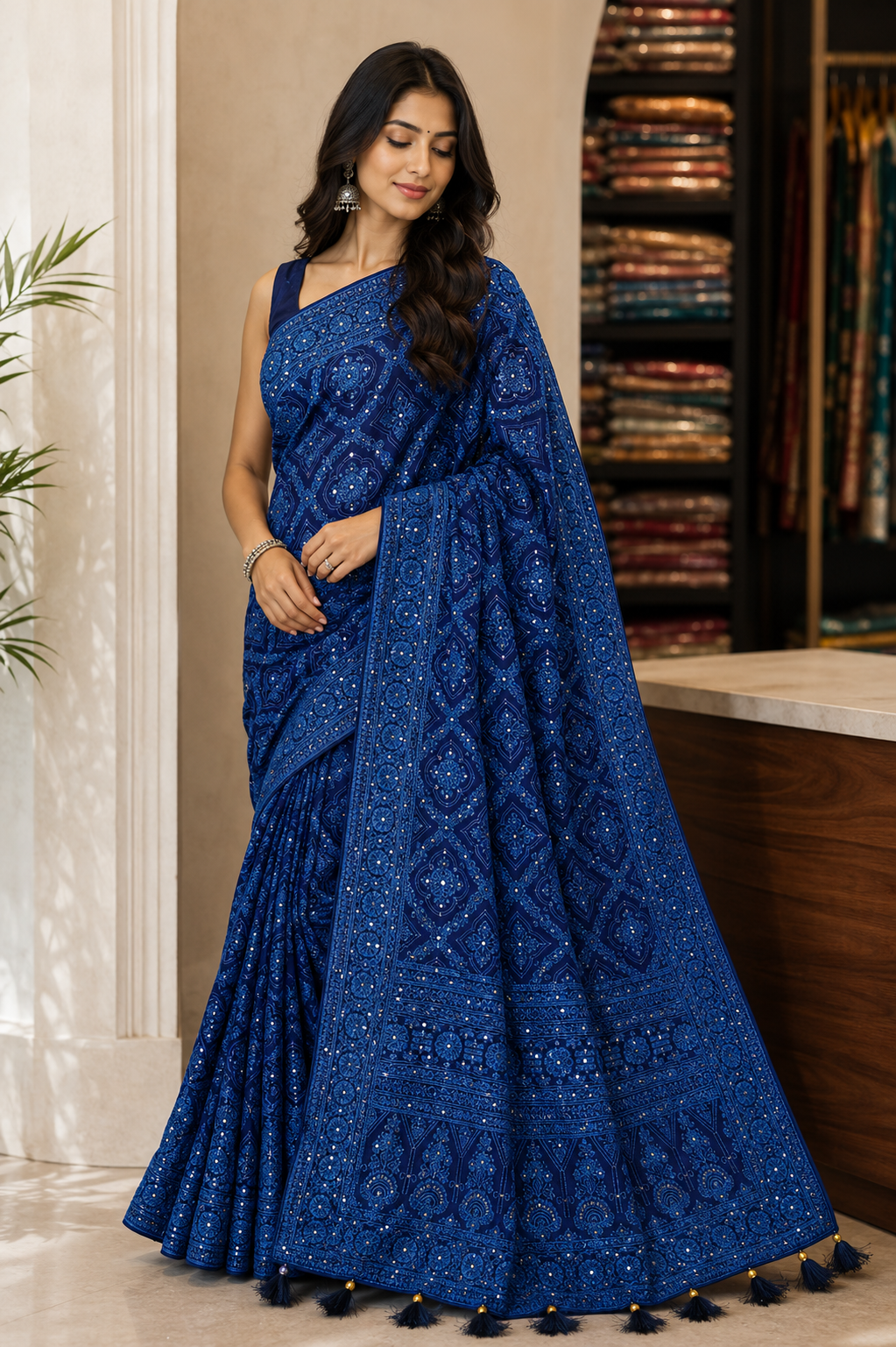 Lucknowi Hand Embroidered Saree (4 Colors)
