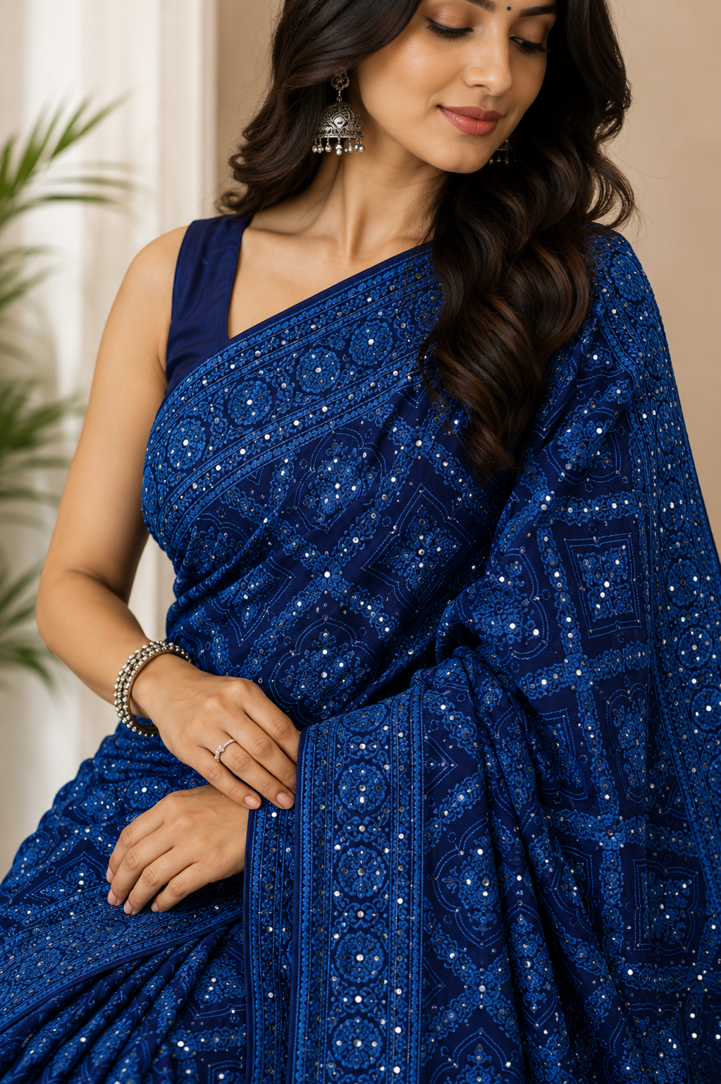 Lucknowi Hand Embroidered Saree (4 Colors)