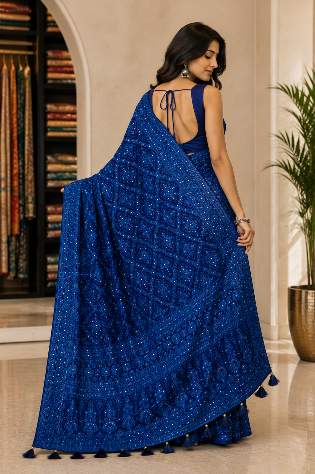 Lucknowi Hand Embroidered Saree (4 Colors)