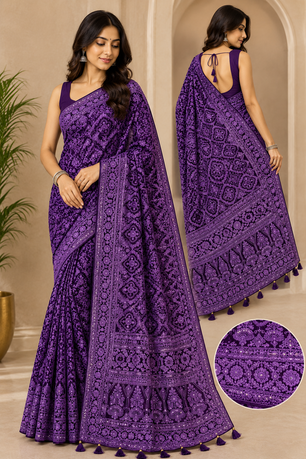 Lucknowi Hand Embroidered Saree (4 Colors)