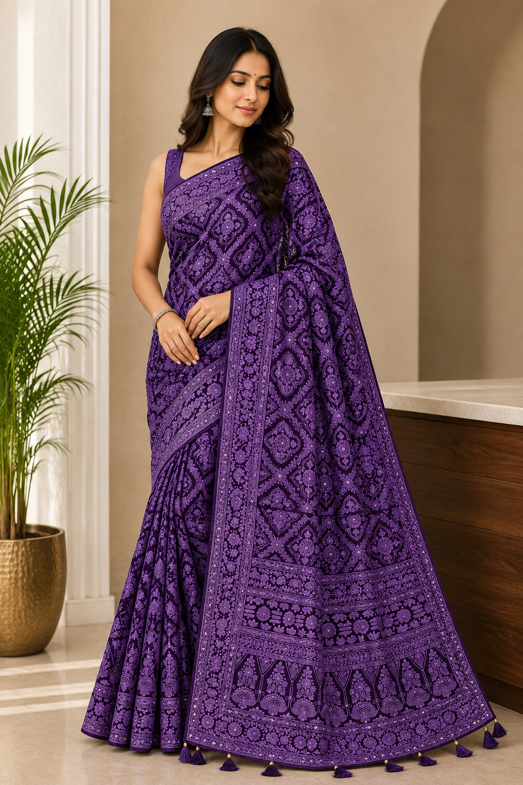 Lucknowi Hand Embroidered Saree (4 Colors)