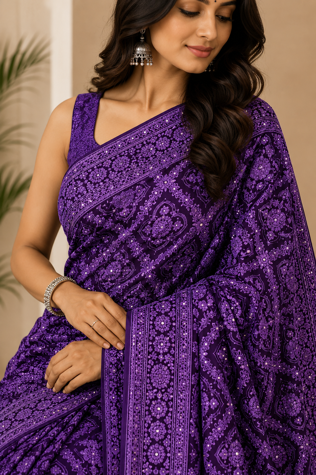 Lucknowi Hand Embroidered Saree (4 Colors)
