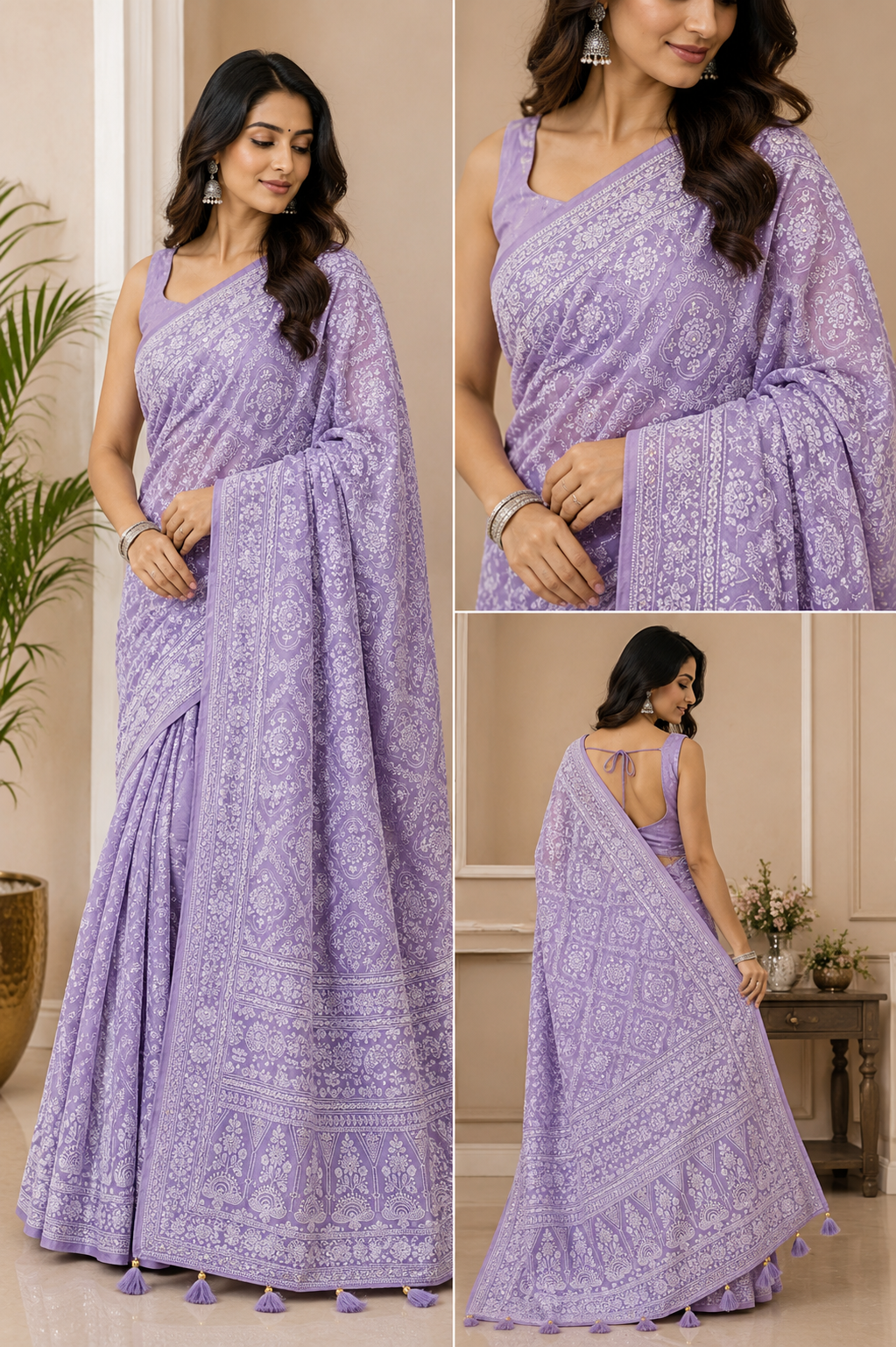 Lucknowi Hand Embroidered Saree (4 Colors)