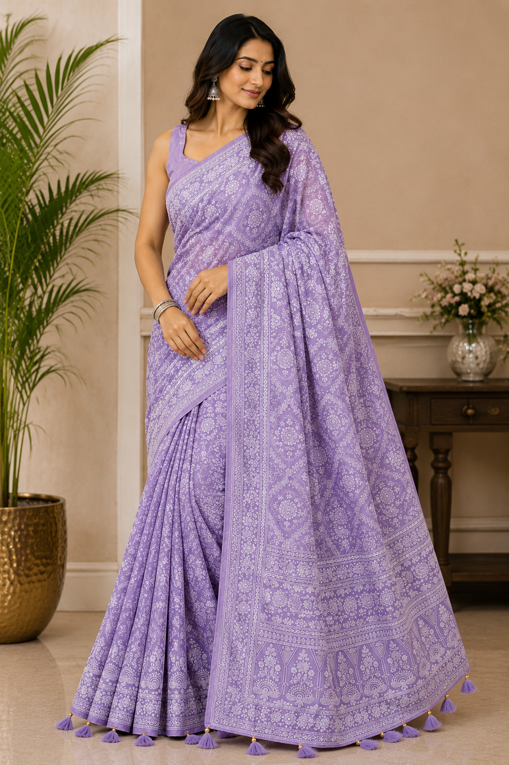 Lucknowi Hand Embroidered Saree (4 Colors)