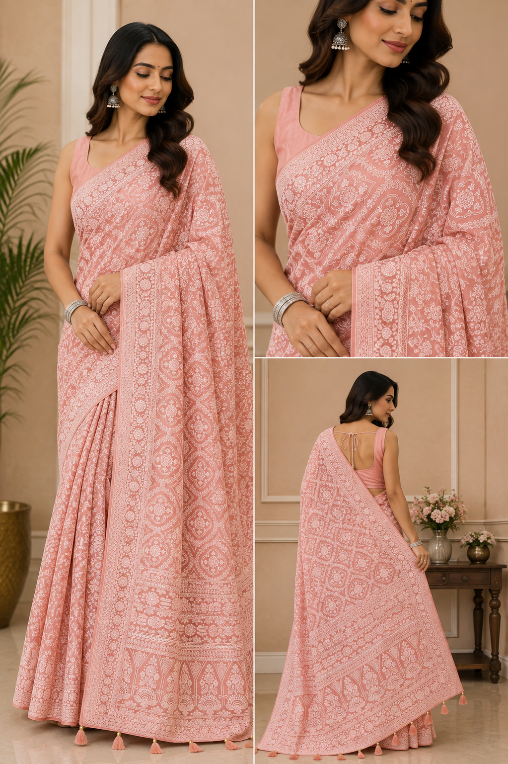 Lucknowi Hand Embroidered Saree (4 Colors)