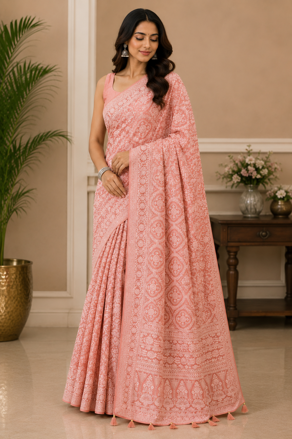 Lucknowi Hand Embroidered Saree (4 Colors)