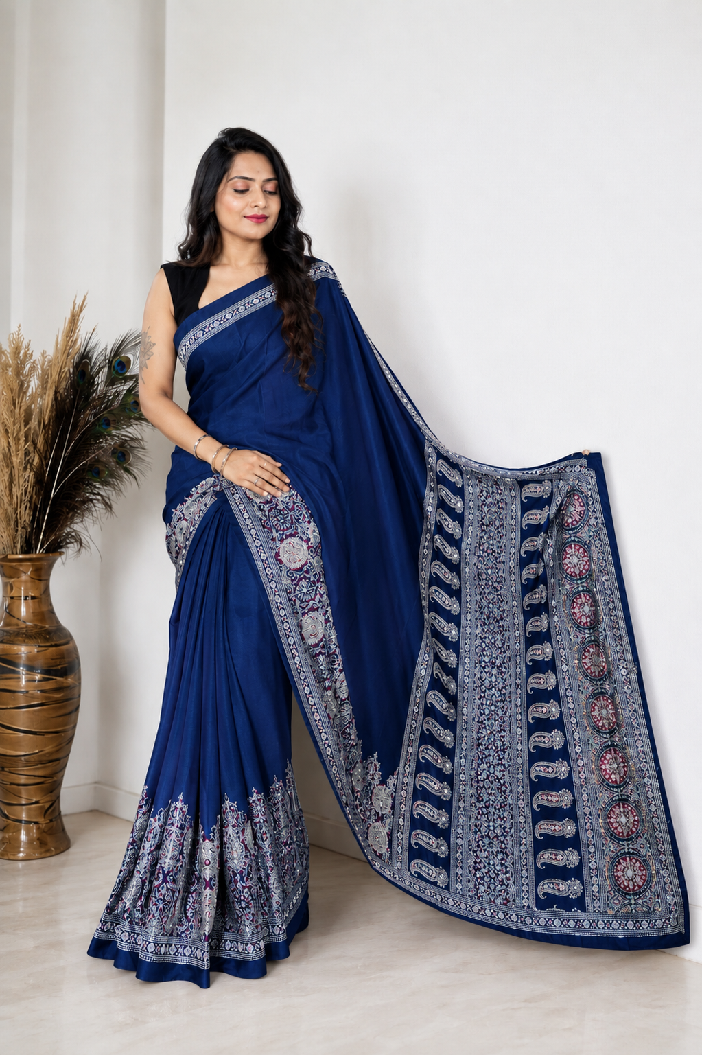 Modal Crepe Saree with Intricate Paisley Border (3 colors)