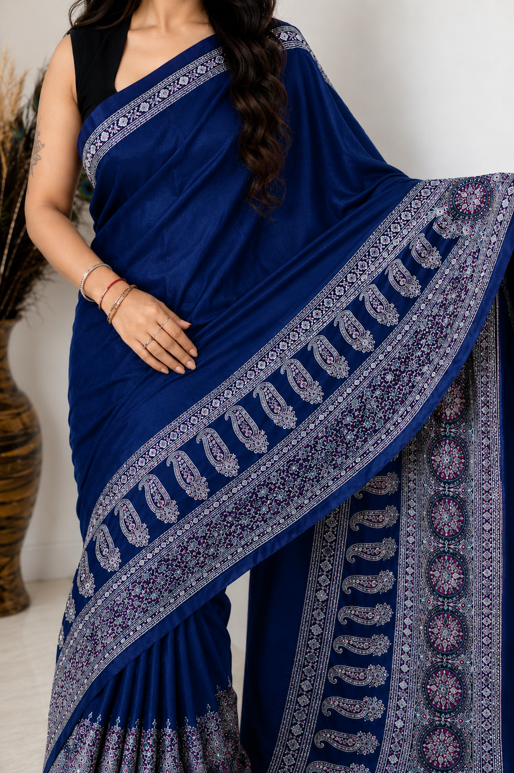 Modal Crepe Saree with Intricate Paisley Border (3 colors)