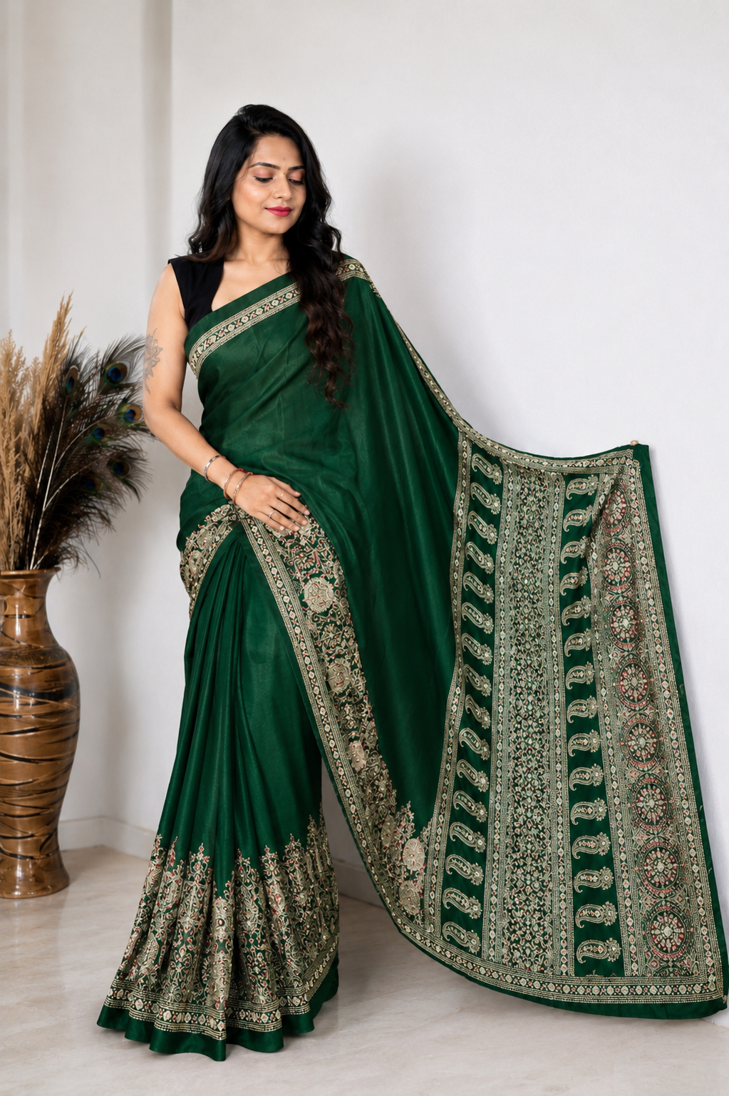 Modal Crepe Saree with Intricate Paisley Border (3 colors)