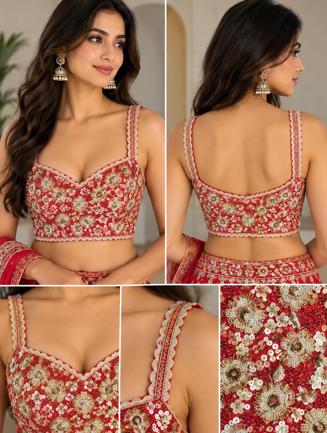 Adjustable Red Floral Embroidered Blouse