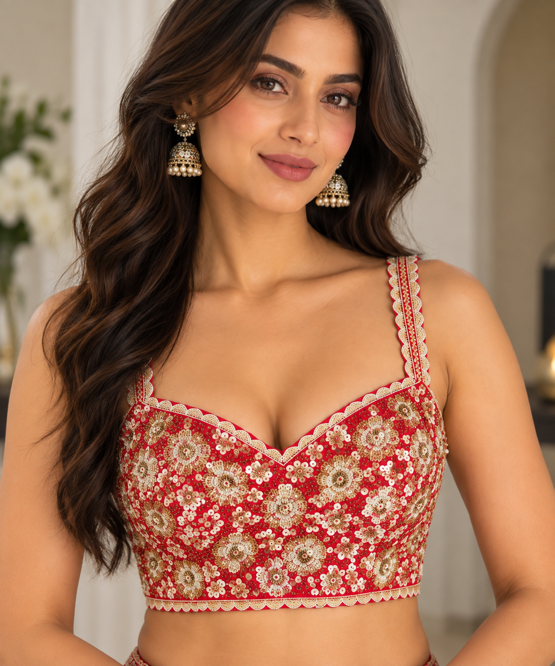 Adjustable Red Floral Embroidered Blouse