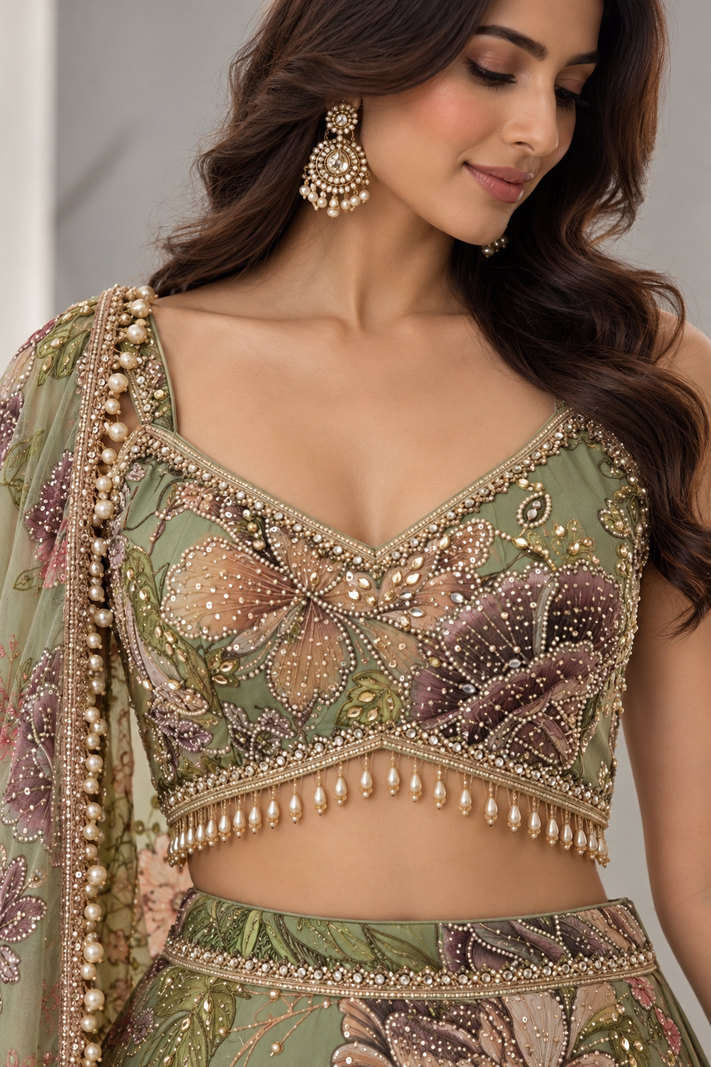Sage Green Floral Embroidered Lehenga Set