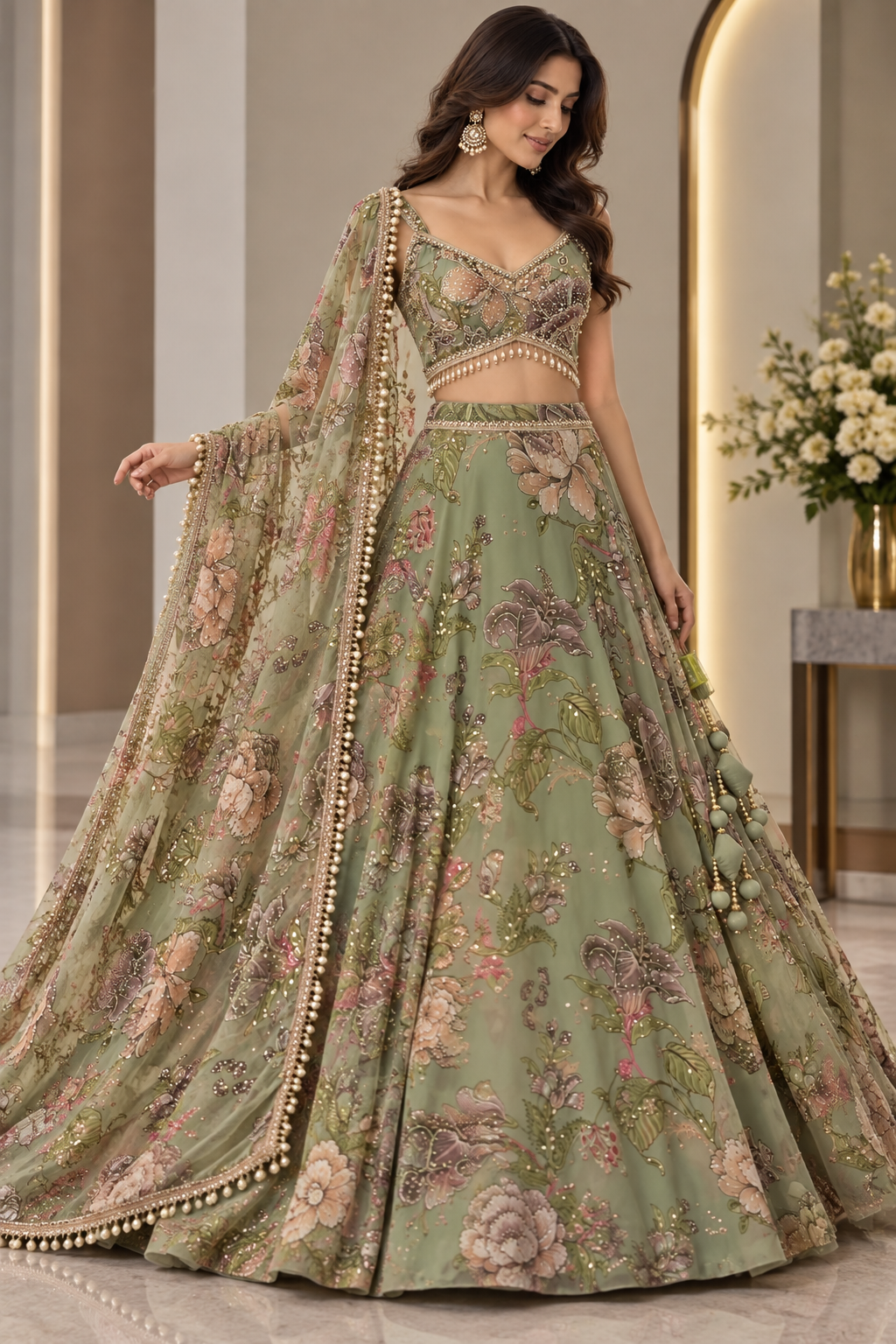 Sage Green Floral Embroidered Lehenga Set
