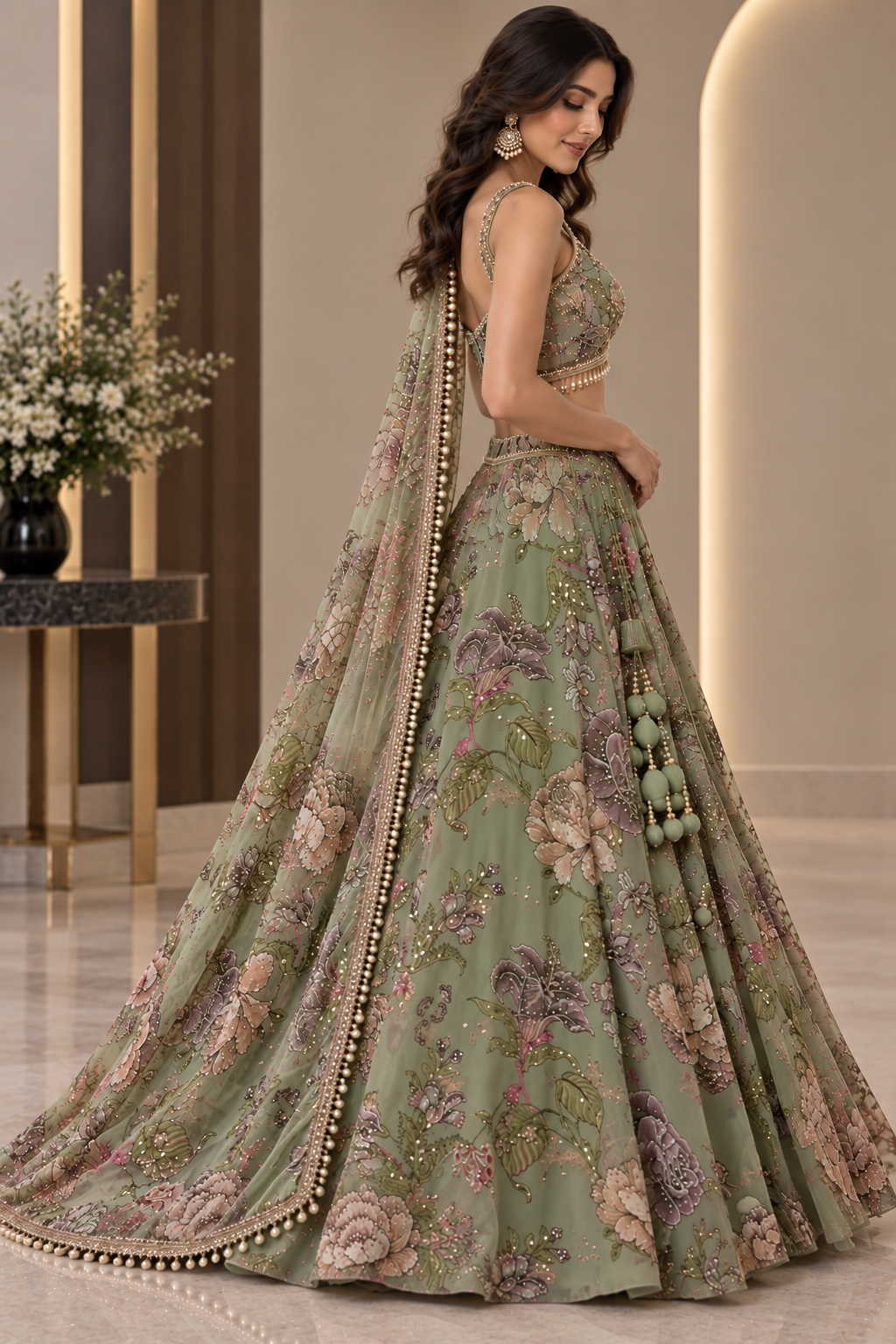 Sage Green Floral Embroidered Lehenga Set