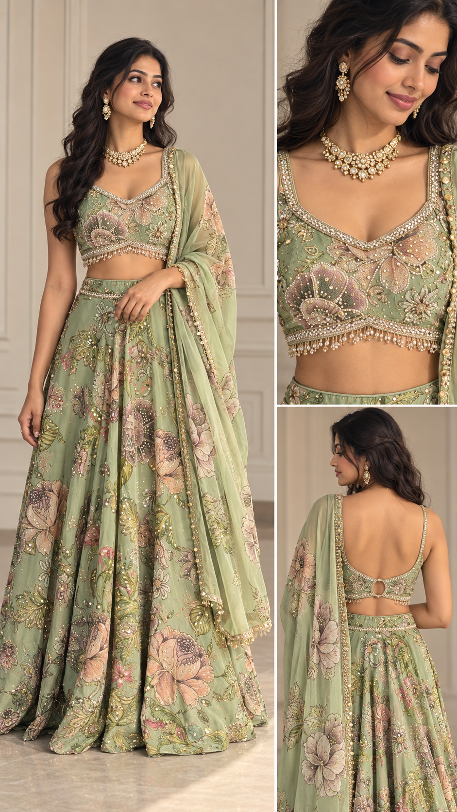 Sage Green Floral Embroidered Lehenga Set