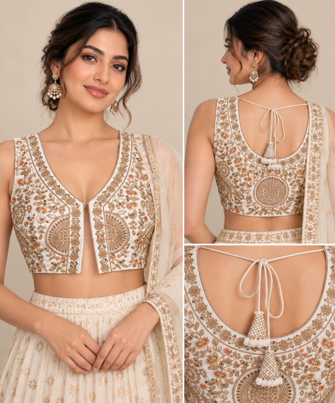 Ivory & Gold Embroidered Front-Open Blouse