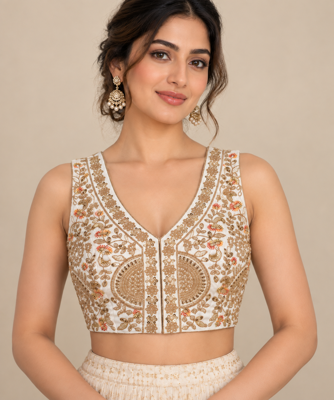 Ivory & Gold Embroidered Front-Open Blouse