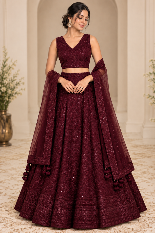 Embroidered Lehenga Set with Sheer Dupatta