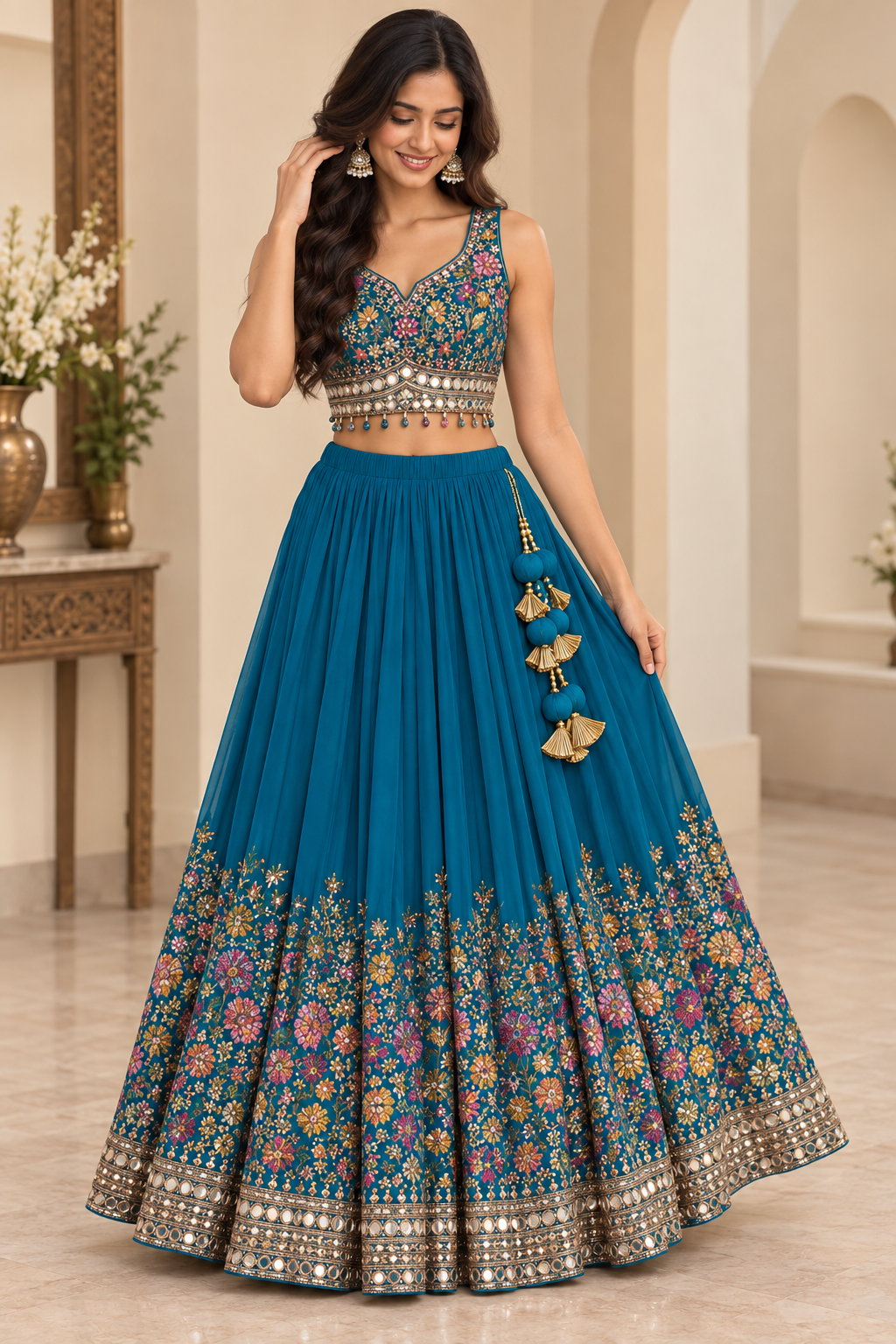 Teal Floral Embroidered Mirror Work Lehenga Set
