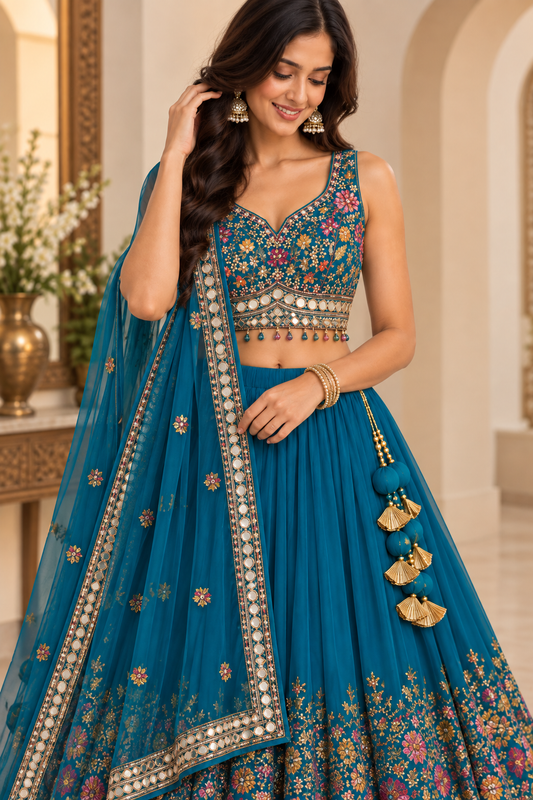 Teal Floral Embroidered Mirror Work Lehenga Set